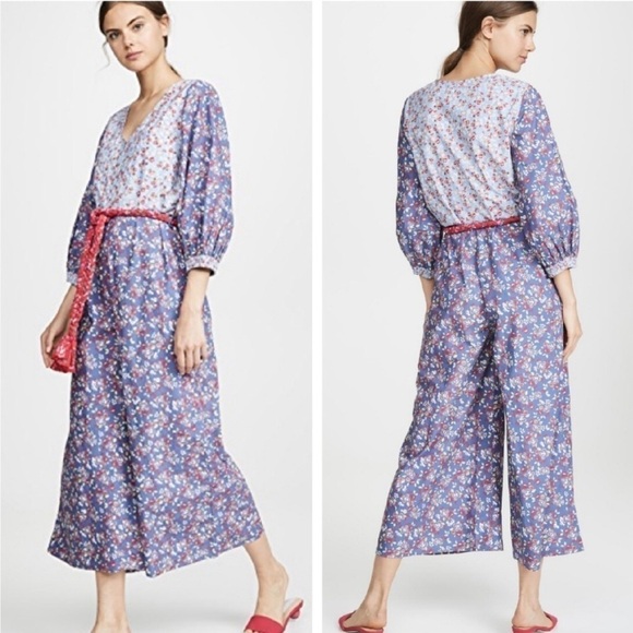 Apiece Apart Irine Floral Cotton Cropped Wide Leg Jumpsuit Size 0 Blue Pink - Picture 1 of 10